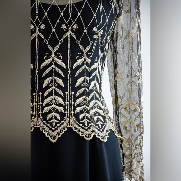 Vtg 90s Cachet Gold Embroidered Lace Black Chiffon Midi Dress - Picture 2 of 13
